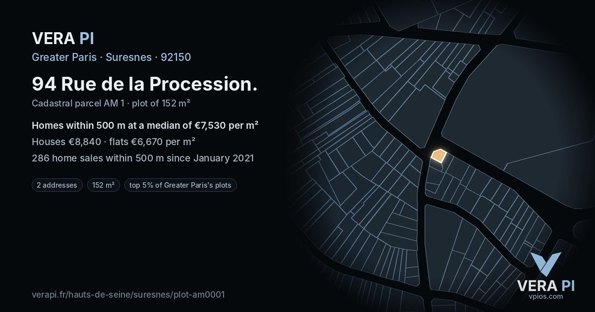 94 Rue de la Procession, Suresnes at night – the plot lit, the parcels around coloured by the prices near them