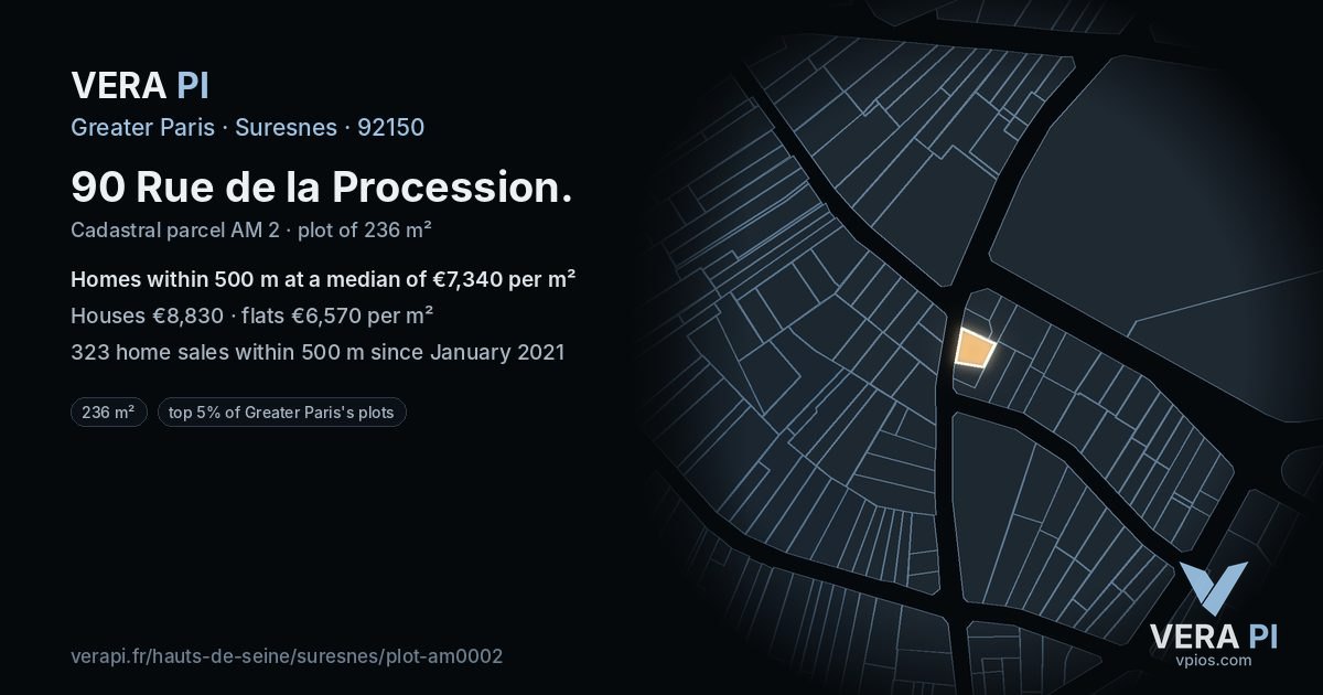 90 Rue de la Procession, Suresnes at night – the plot lit, the parcels around coloured by the prices near them