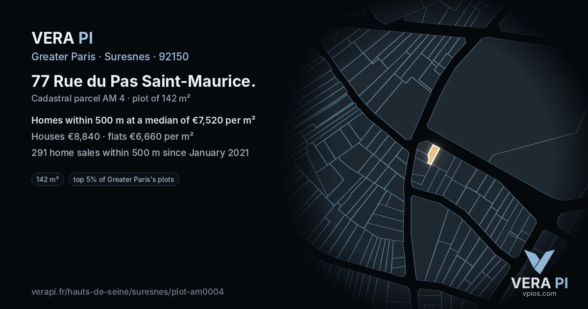 77 Rue du Pas Saint-Maurice, Suresnes at night – the plot lit, the parcels around coloured by the prices near them