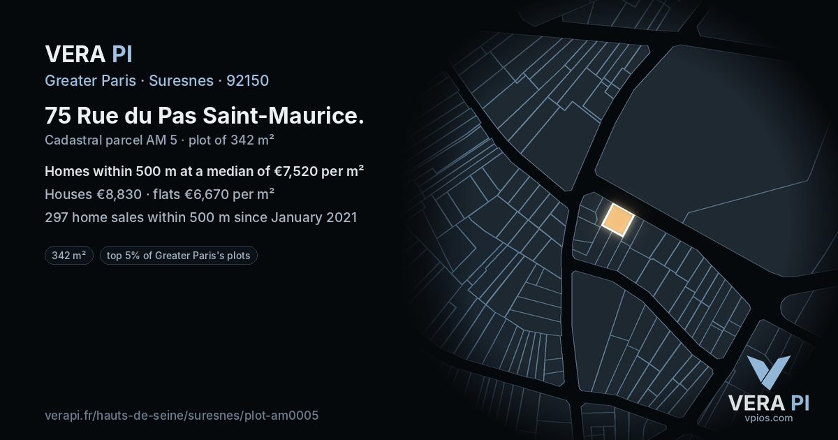 75 Rue du Pas Saint-Maurice, Suresnes at night – the plot lit, the parcels around coloured by the prices near them