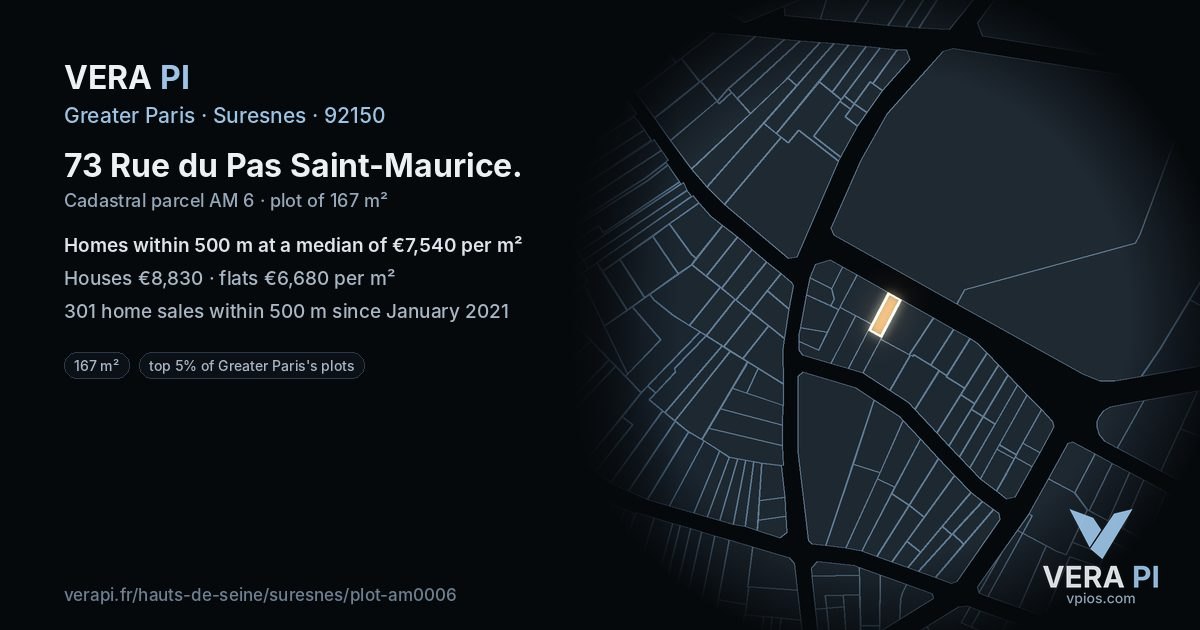 73 Rue du Pas Saint-Maurice, Suresnes at night – the plot lit, the parcels around coloured by the prices near them