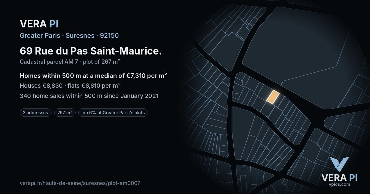 69 Rue du Pas Saint-Maurice, Suresnes at night – the plot lit, the parcels around coloured by the prices near them