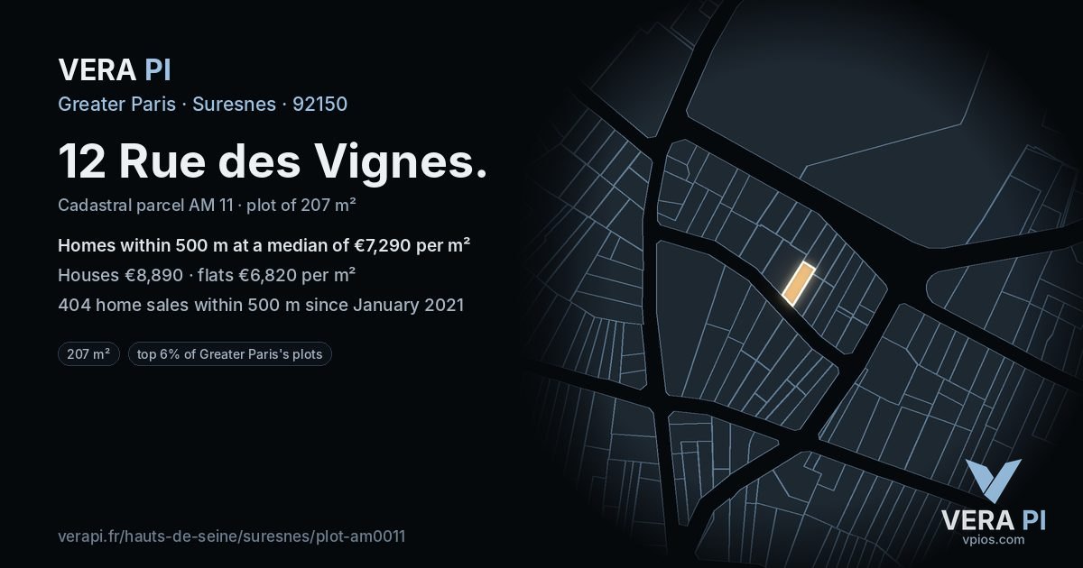 12 Rue des Vignes, Suresnes at night – the plot lit, the parcels around coloured by the prices near them
