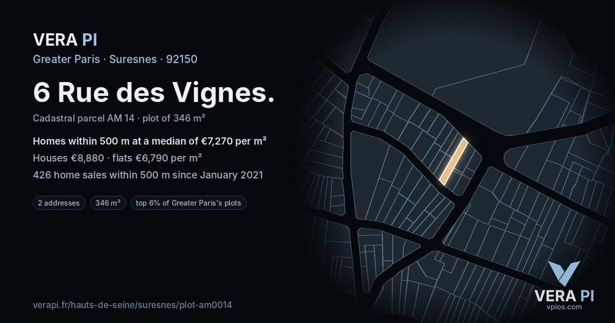 6 Rue des Vignes, Suresnes at night – the plot lit, the parcels around coloured by the prices near them