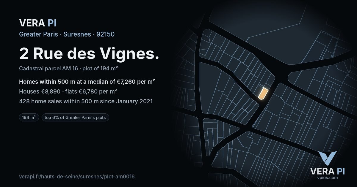 2 Rue des Vignes, Suresnes at night – the plot lit, the parcels around coloured by the prices near them