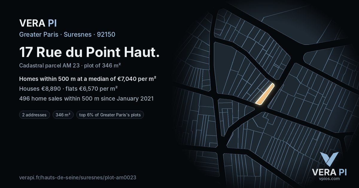 17 Rue du Point Haut, Suresnes at night – the plot lit, the parcels around coloured by the prices near them