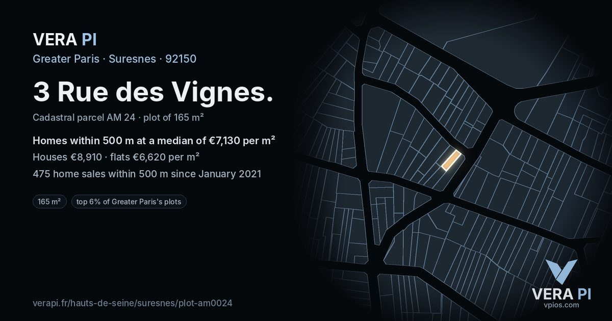 3 Rue des Vignes, Suresnes at night – the plot lit, the parcels around coloured by the prices near them