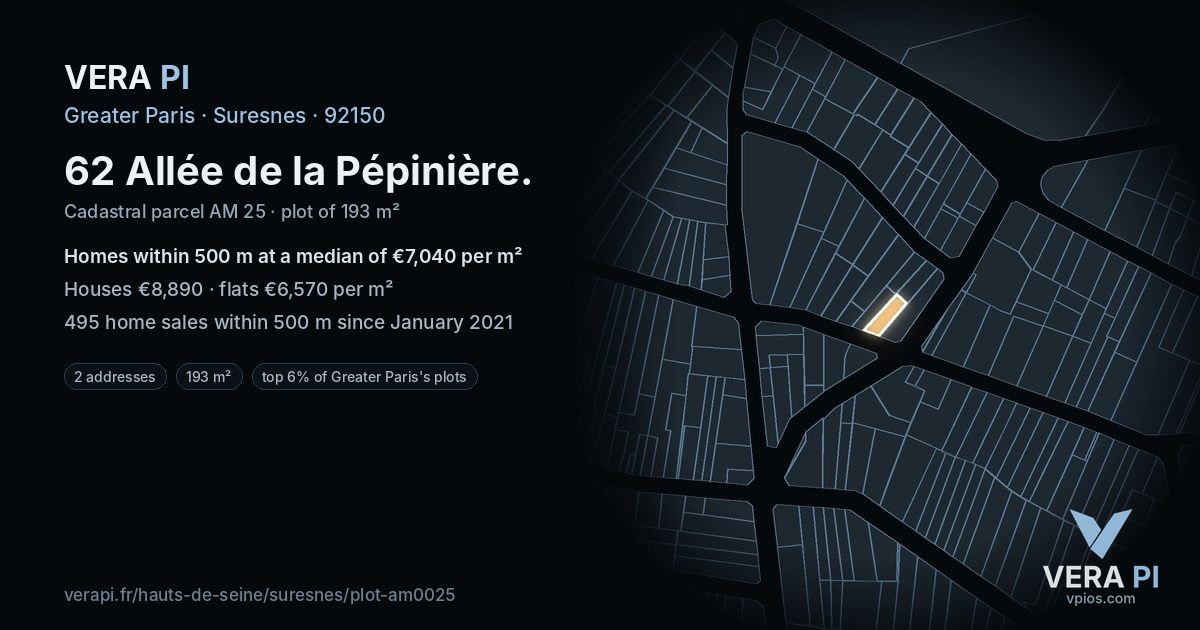 62 Allée de la Pépinière, Suresnes at night – the plot lit, the parcels around coloured by the prices near them