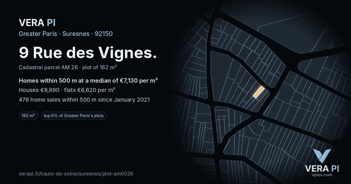 9 Rue des Vignes, Suresnes at night – the plot lit, the parcels around coloured by the prices near them
