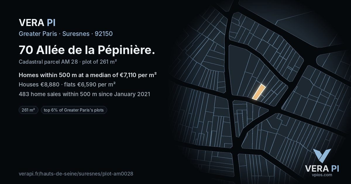70 Allée de la Pépinière, Suresnes at night – the plot lit, the parcels around coloured by the prices near them