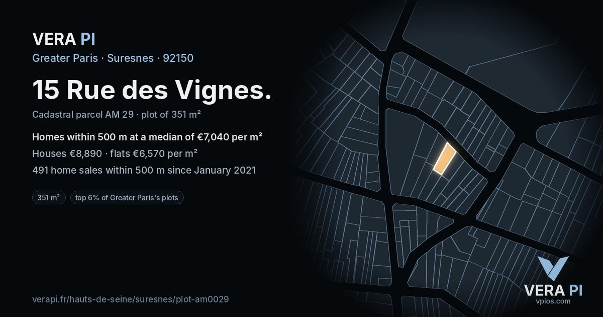 15 Rue des Vignes, Suresnes at night – the plot lit, the parcels around coloured by the prices near them