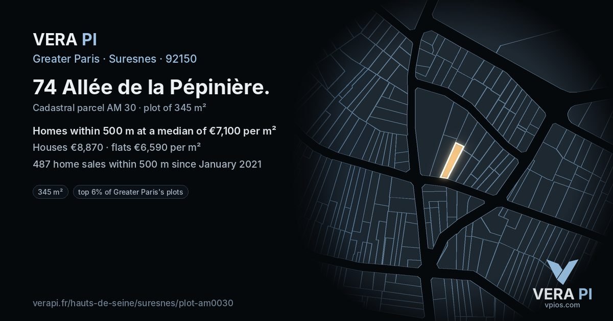 74 Allée de la Pépinière, Suresnes at night – the plot lit, the parcels around coloured by the prices near them