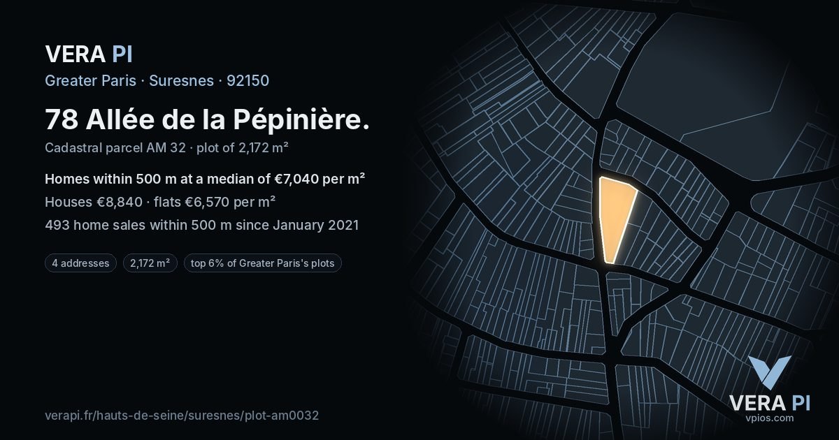 78 Allée de la Pépinière, Suresnes at night – the plot lit, the parcels around coloured by the prices near them