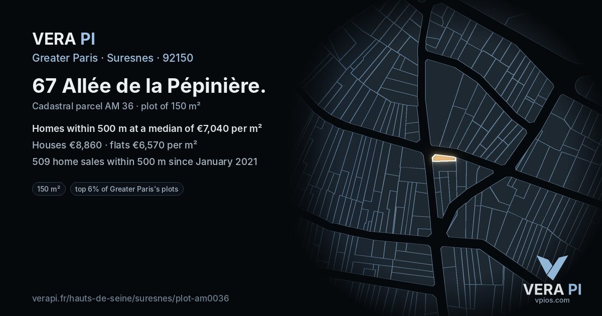 67 Allée de la Pépinière, Suresnes at night – the plot lit, the parcels around coloured by the prices near them