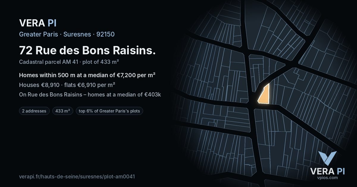 72 Rue des Bons Raisins, Suresnes at night – the plot lit, the parcels around coloured by the prices near them
