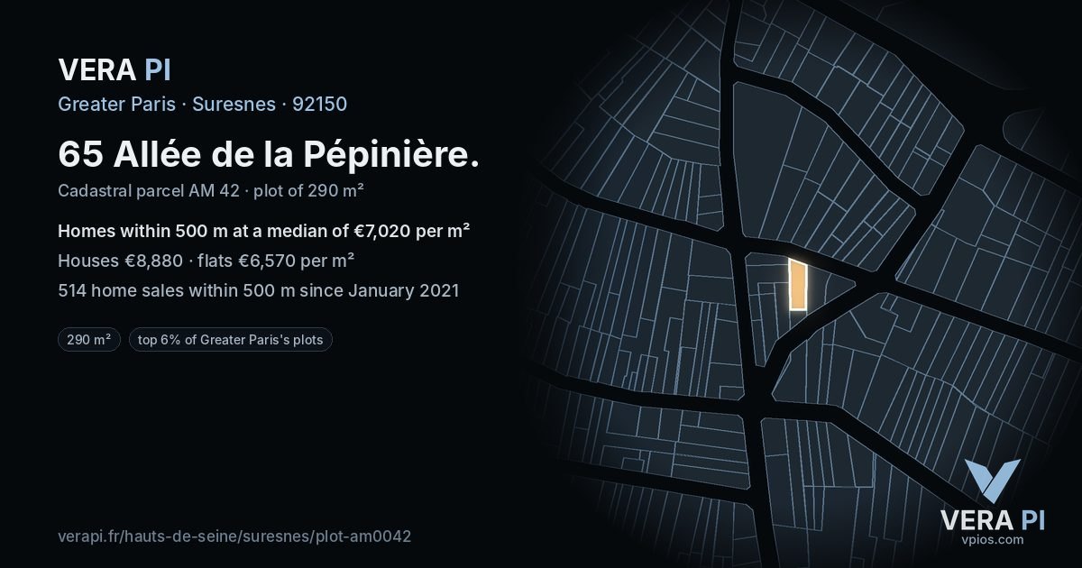 65 Allée de la Pépinière, Suresnes at night – the plot lit, the parcels around coloured by the prices near them