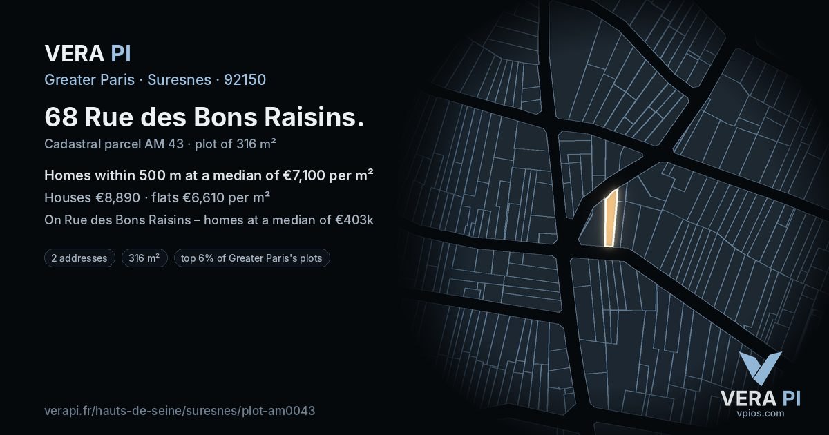 68 Rue des Bons Raisins, Suresnes at night – the plot lit, the parcels around coloured by the prices near them