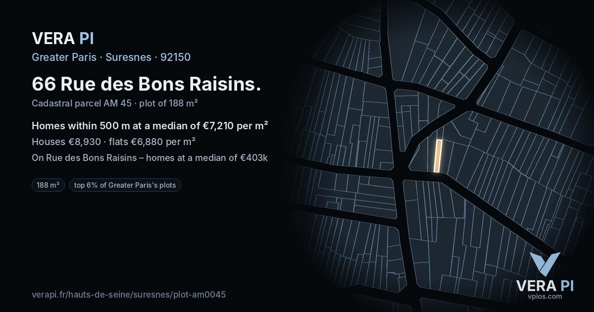 66 Rue des Bons Raisins, Suresnes at night – the plot lit, the parcels around coloured by the prices near them