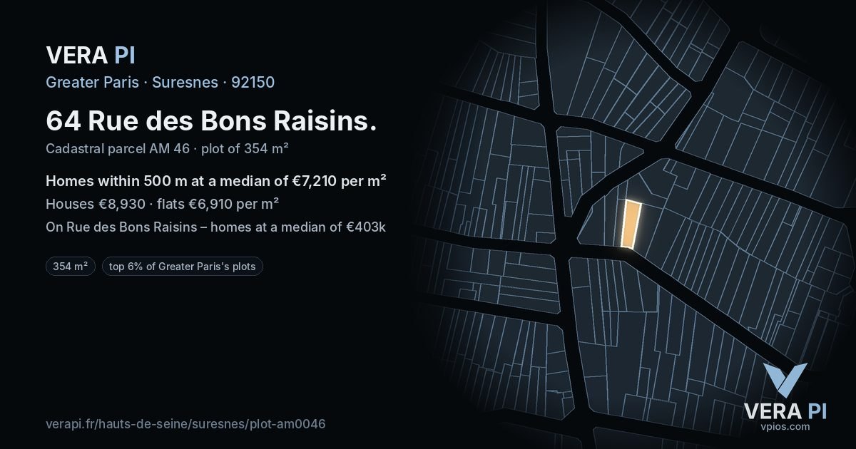 64 Rue des Bons Raisins, Suresnes at night – the plot lit, the parcels around coloured by the prices near them
