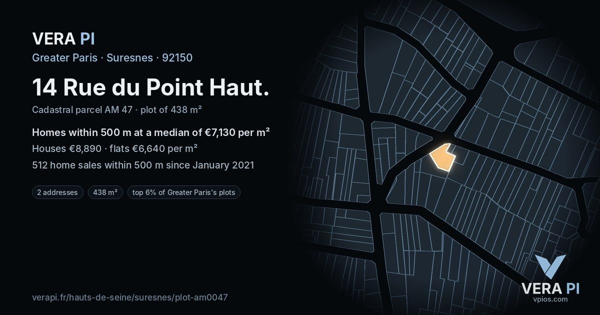 14 Rue du Point Haut, Suresnes at night – the plot lit, the parcels around coloured by the prices near them