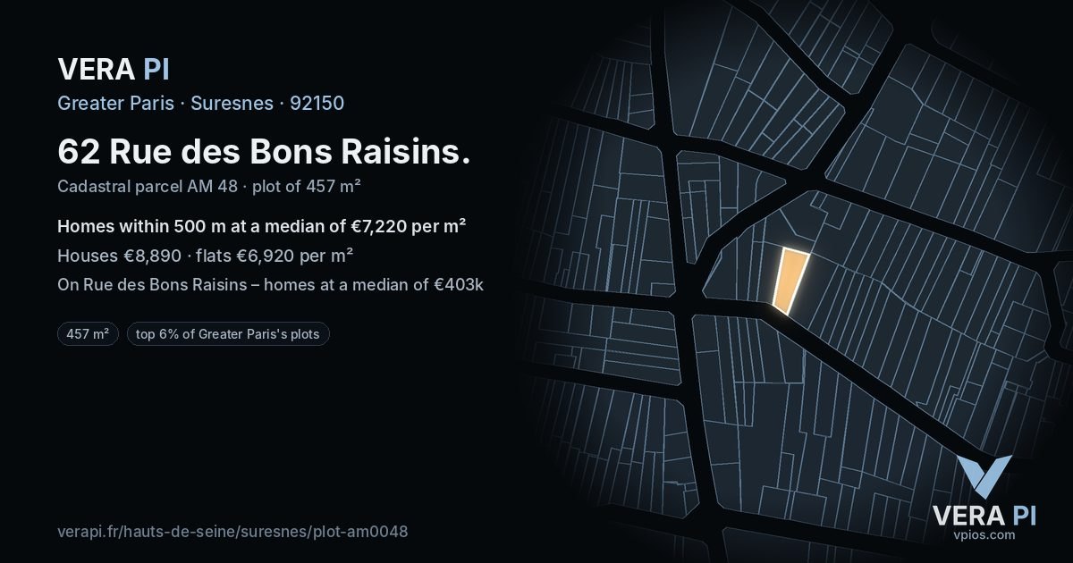 62 Rue des Bons Raisins, Suresnes at night – the plot lit, the parcels around coloured by the prices near them