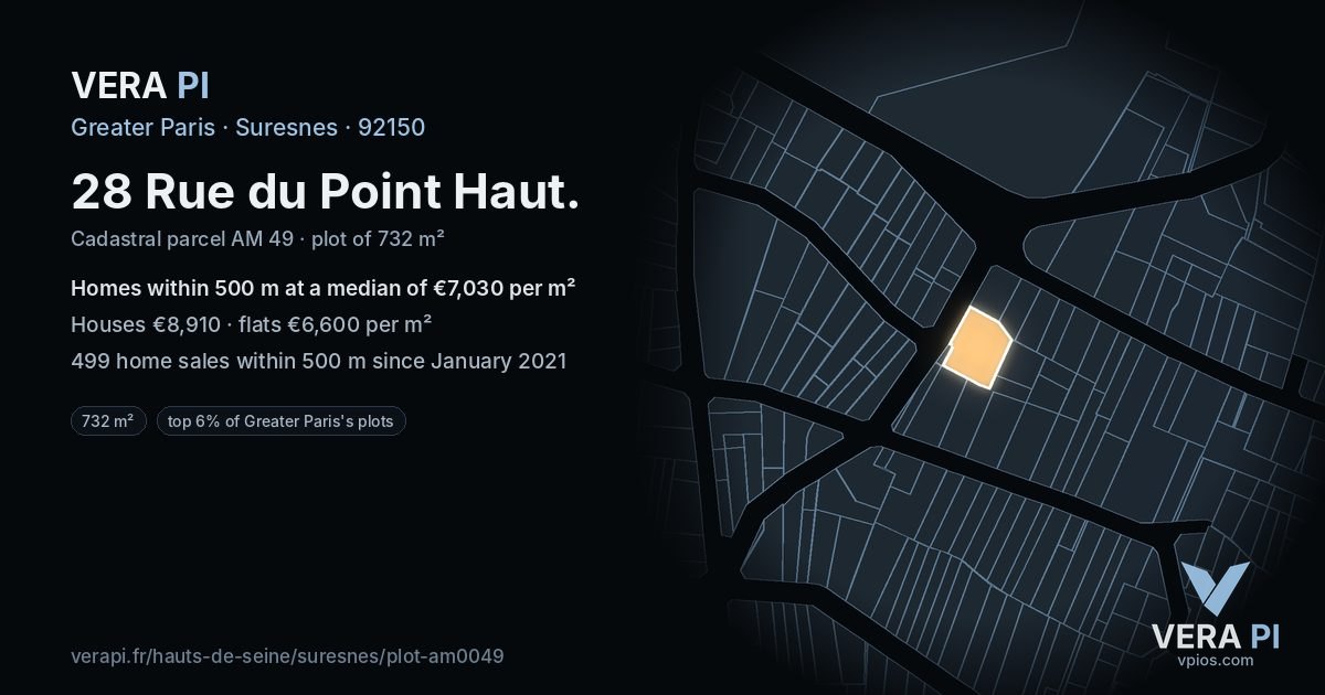 28 Rue du Point Haut, Suresnes at night – the plot lit, the parcels around coloured by the prices near them