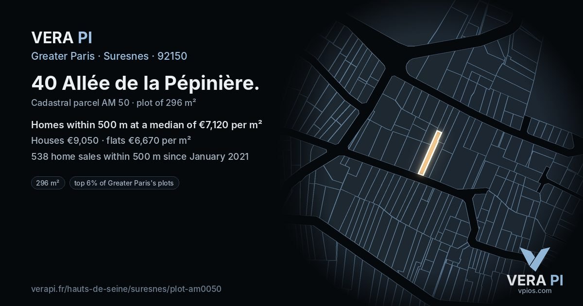 40 Allée de la Pépinière, Suresnes at night – the plot lit, the parcels around coloured by the prices near them