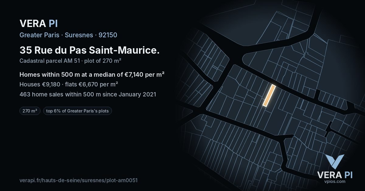 35 Rue du Pas Saint-Maurice, Suresnes at night – the plot lit, the parcels around coloured by the prices near them