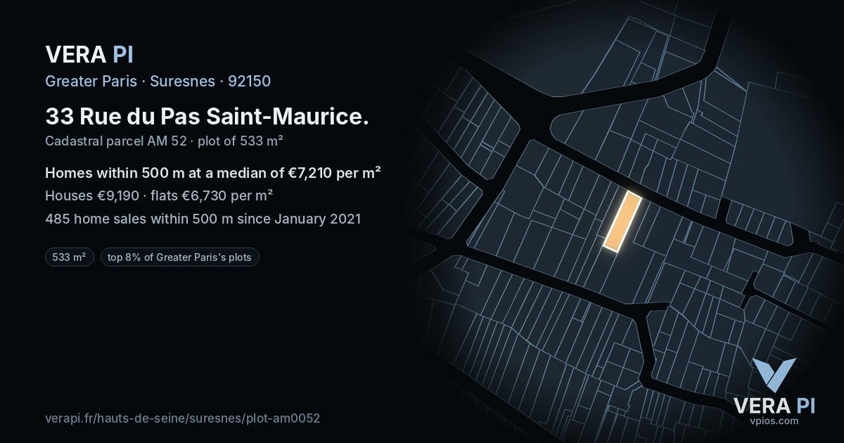 33 Rue du Pas Saint-Maurice, Suresnes at night – the plot lit, the parcels around coloured by the prices near them