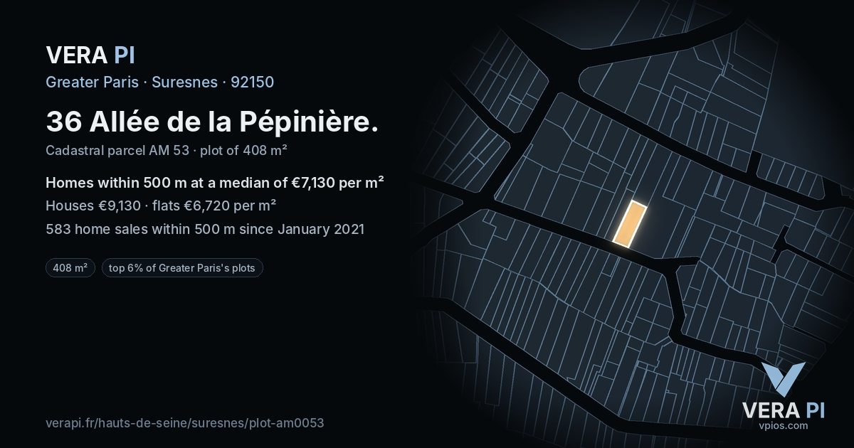 36 Allée de la Pépinière, Suresnes at night – the plot lit, the parcels around coloured by the prices near them