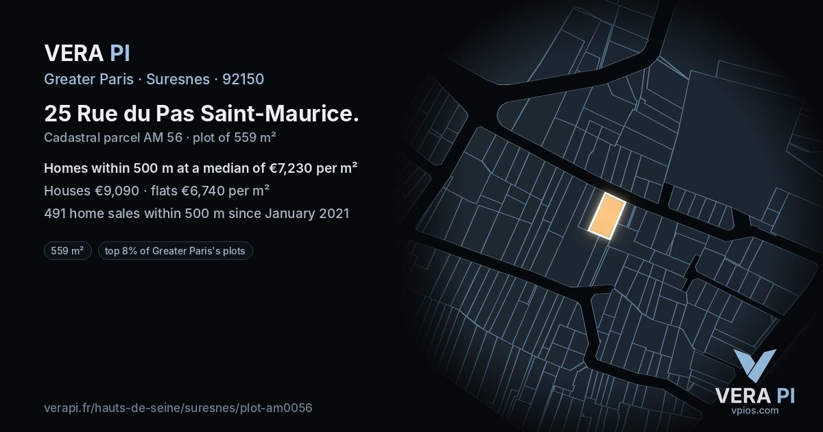 25 Rue du Pas Saint-Maurice, Suresnes at night – the plot lit, the parcels around coloured by the prices near them