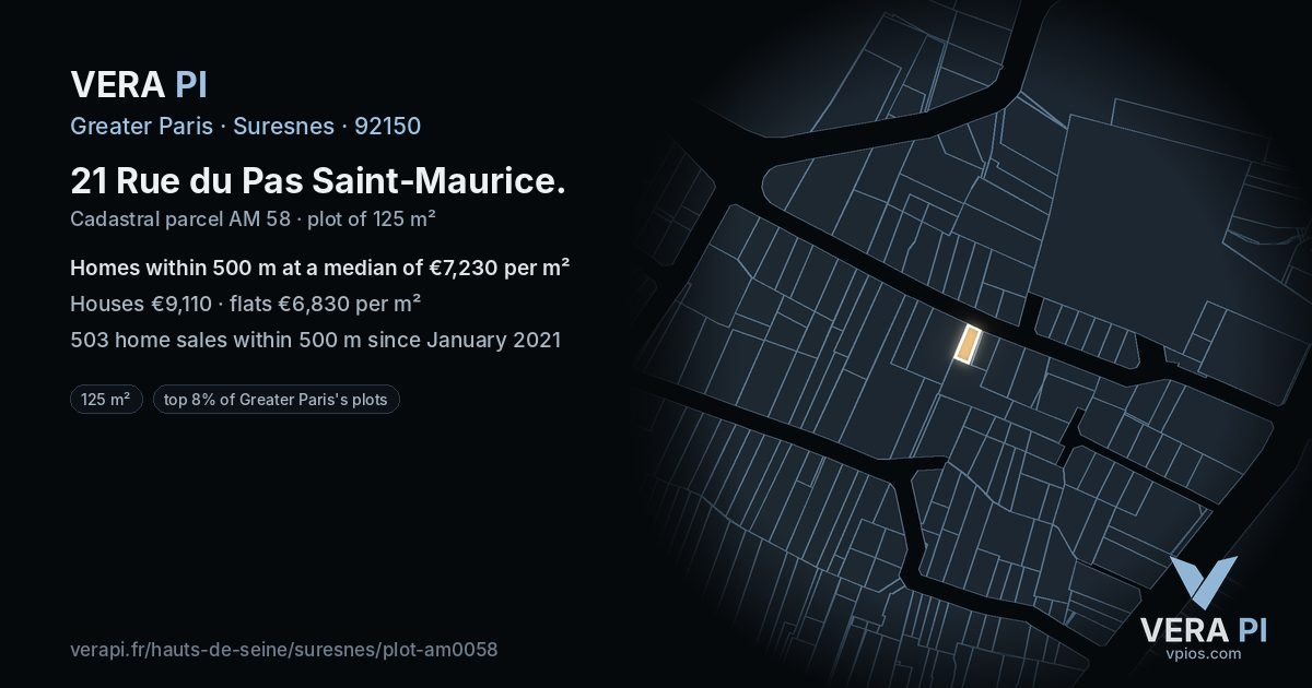 21 Rue du Pas Saint-Maurice, Suresnes at night – the plot lit, the parcels around coloured by the prices near them
