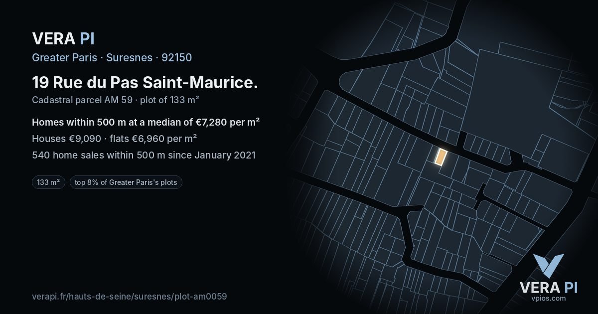 19 Rue du Pas Saint-Maurice, Suresnes at night – the plot lit, the parcels around coloured by the prices near them