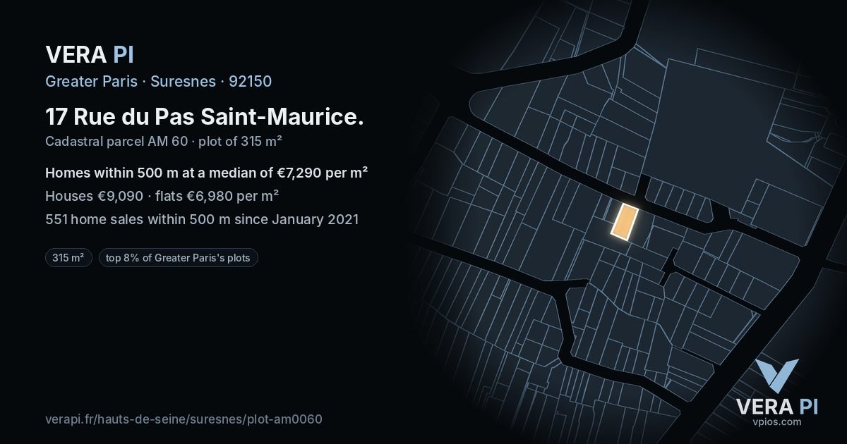 17 Rue du Pas Saint-Maurice, Suresnes at night – the plot lit, the parcels around coloured by the prices near them