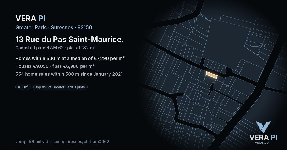 13 Rue du Pas Saint-Maurice, Suresnes at night – the plot lit, the parcels around coloured by the prices near them