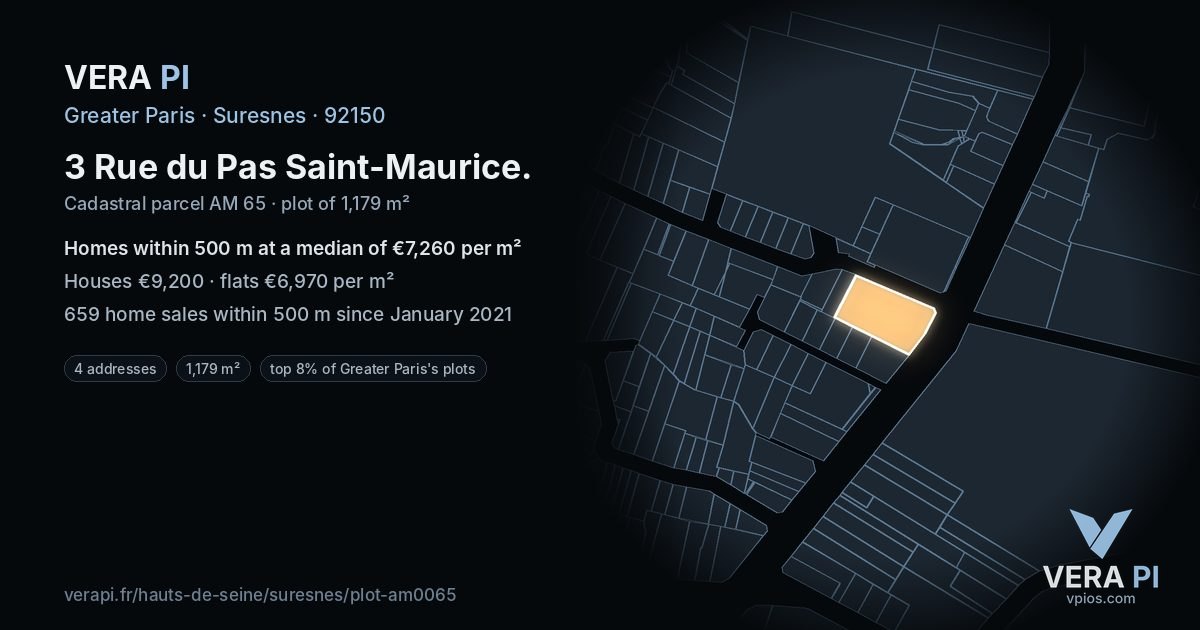 3 Rue du Pas Saint-Maurice, Suresnes at night – the plot lit, the parcels around coloured by the prices near them