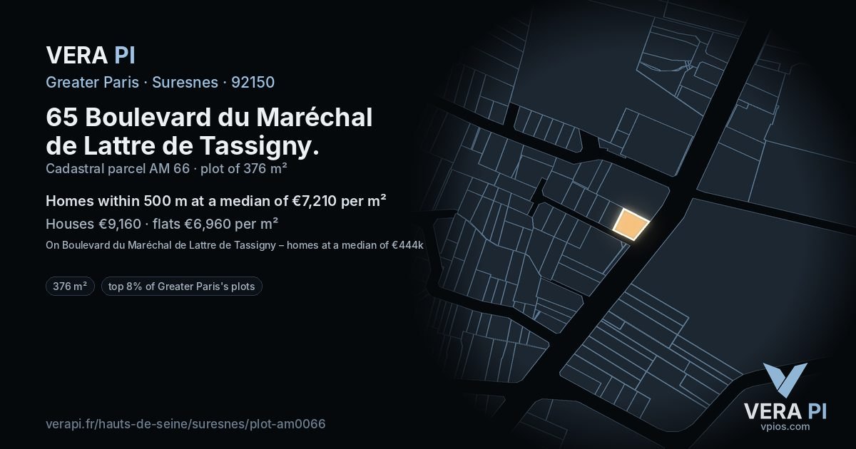 65 Boulevard du Maréchal de Lattre de Tassigny, Suresnes at night – the plot lit, the parcels around coloured by the prices near them