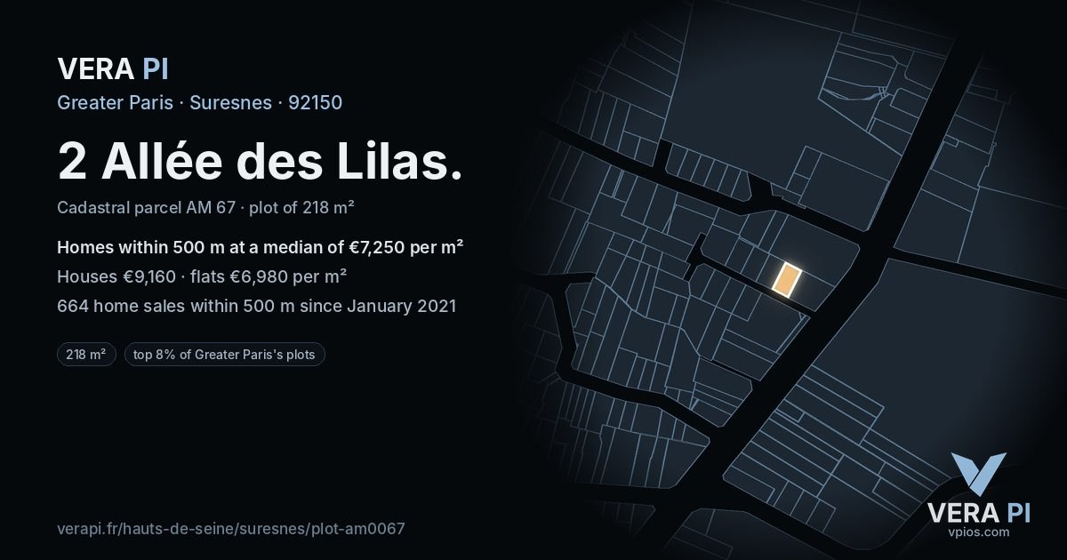 2 Allée des Lilas, Suresnes at night – the plot lit, the parcels around coloured by the prices near them