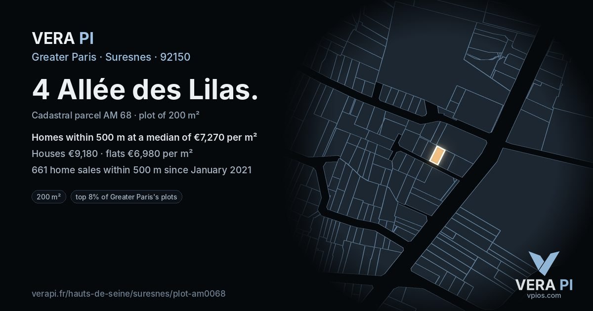 4 Allée des Lilas, Suresnes at night – the plot lit, the parcels around coloured by the prices near them