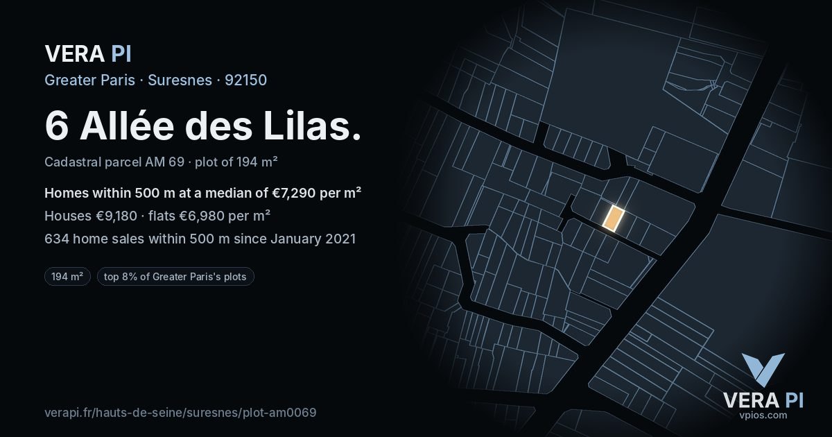 6 Allée des Lilas, Suresnes at night – the plot lit, the parcels around coloured by the prices near them