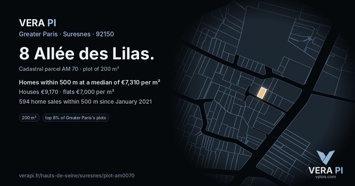 8 Allée des Lilas, Suresnes at night – the plot lit, the parcels around coloured by the prices near them