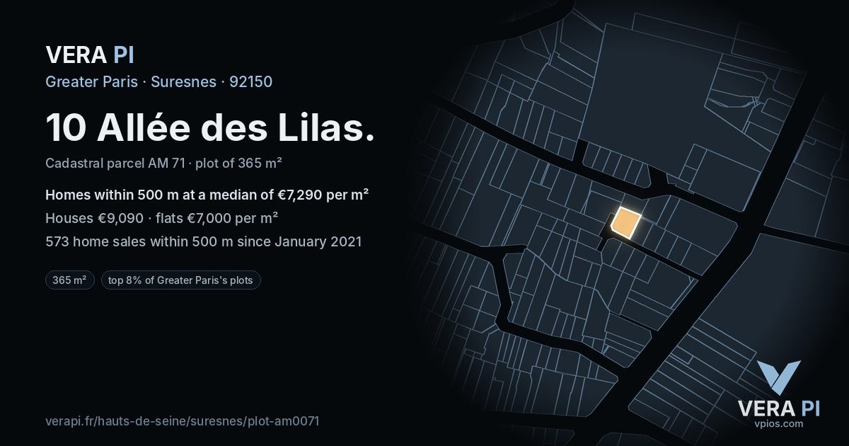 10 Allée des Lilas, Suresnes at night – the plot lit, the parcels around coloured by the prices near them