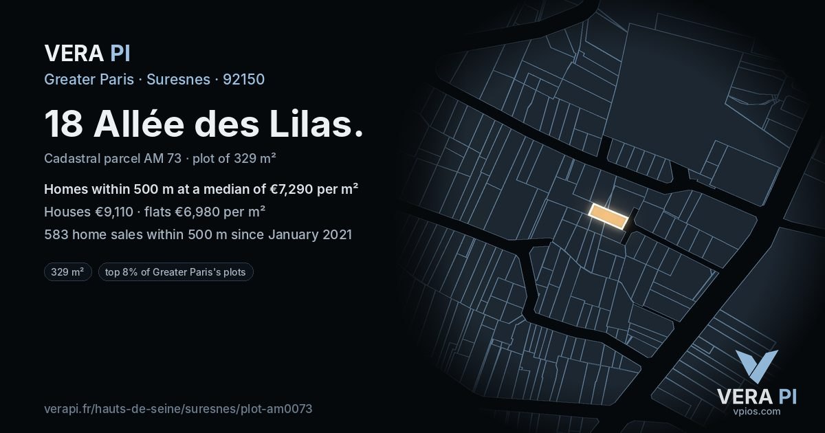 18 Allée des Lilas, Suresnes at night – the plot lit, the parcels around coloured by the prices near them