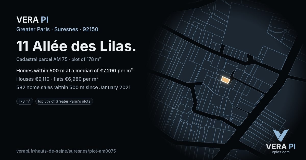 11 Allée des Lilas, Suresnes at night – the plot lit, the parcels around coloured by the prices near them