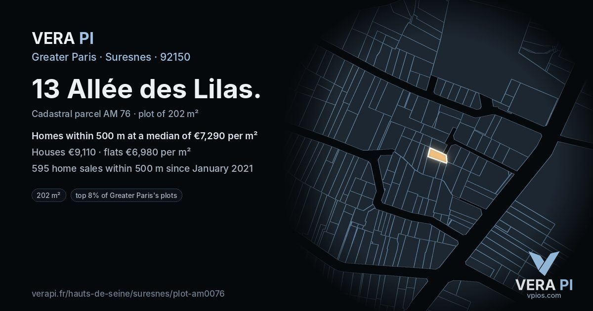 13 Allée des Lilas, Suresnes at night – the plot lit, the parcels around coloured by the prices near them