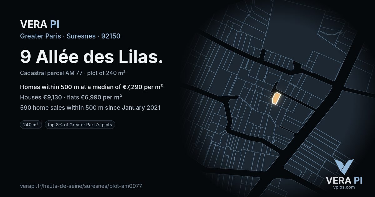 9 Allée des Lilas, Suresnes at night – the plot lit, the parcels around coloured by the prices near them