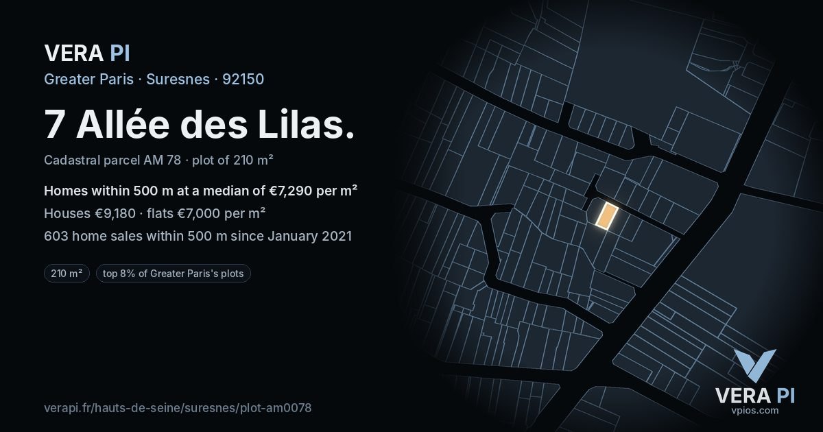 7 Allée des Lilas, Suresnes at night – the plot lit, the parcels around coloured by the prices near them