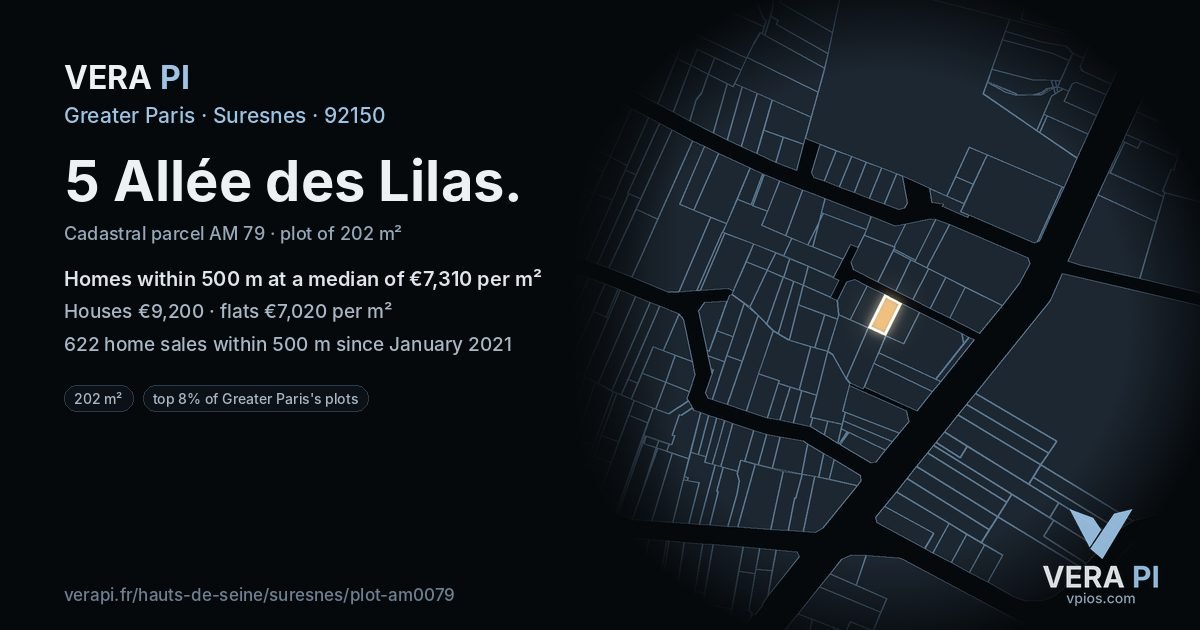 5 Allée des Lilas, Suresnes at night – the plot lit, the parcels around coloured by the prices near them