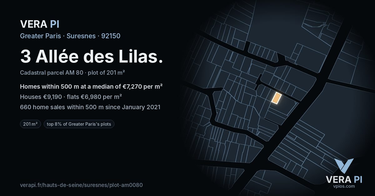 3 Allée des Lilas, Suresnes at night – the plot lit, the parcels around coloured by the prices near them