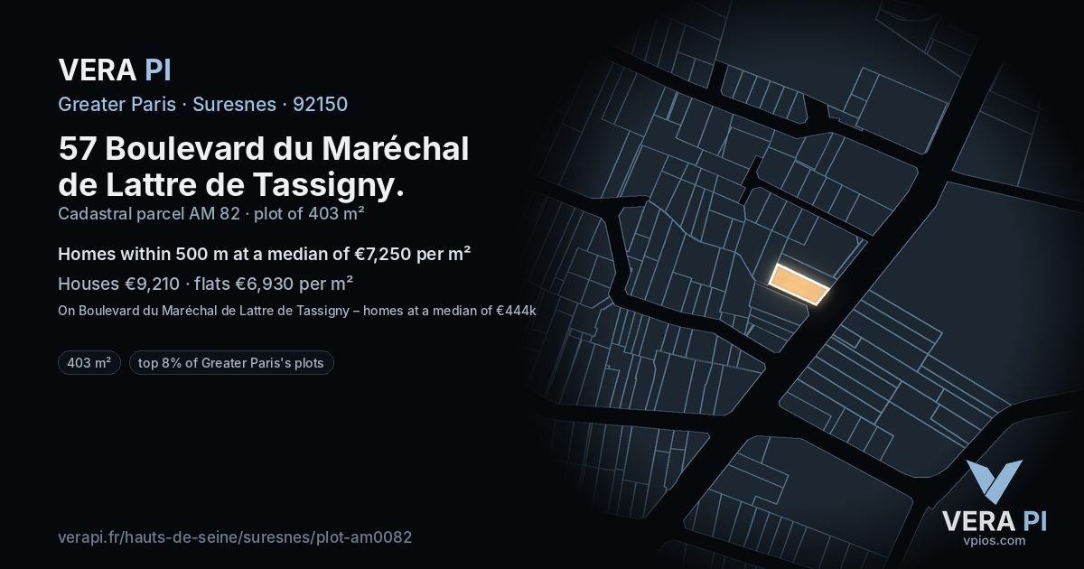 57 Boulevard du Maréchal de Lattre de Tassigny, Suresnes at night – the plot lit, the parcels around coloured by the prices near them